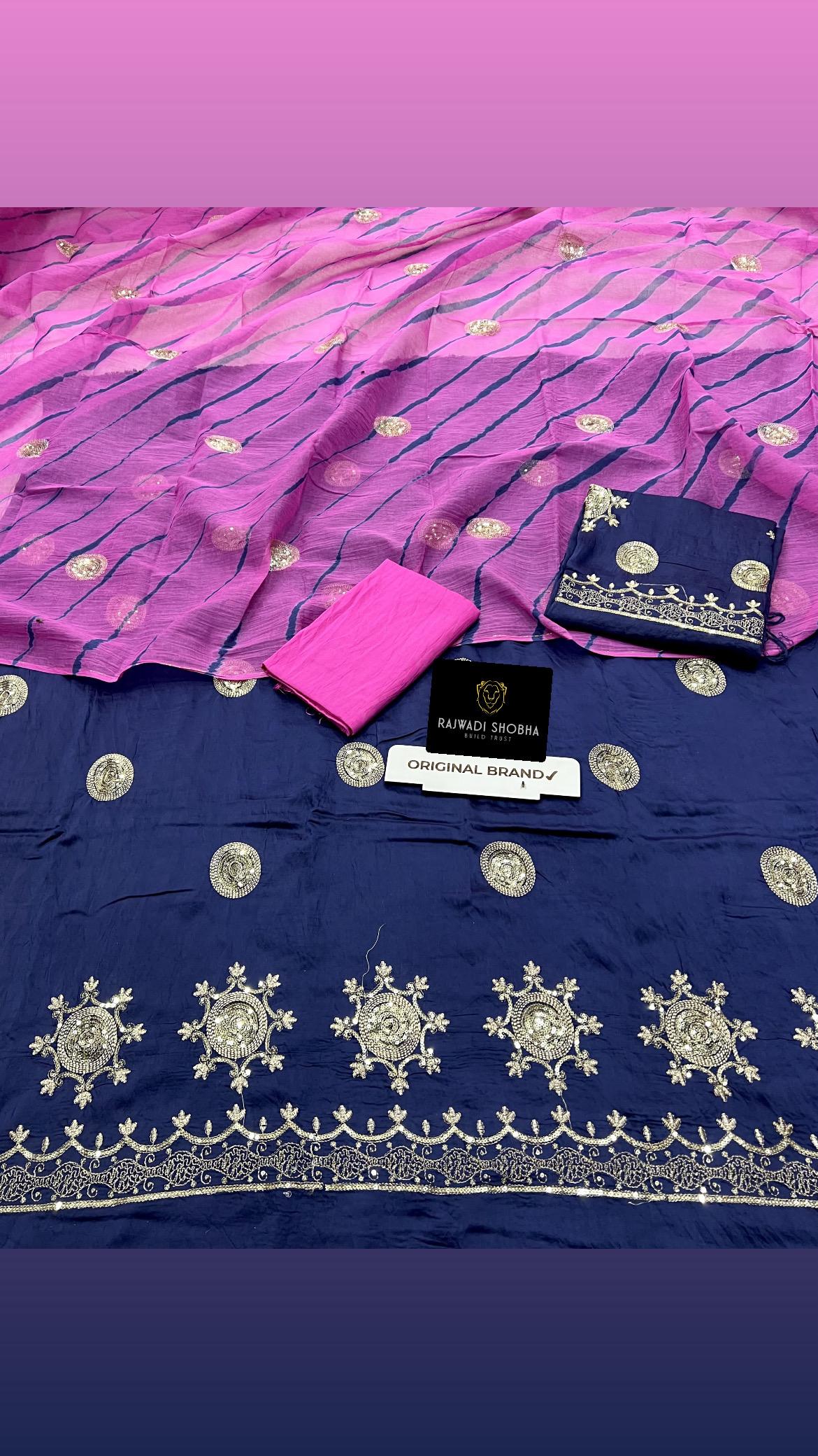 Chanderi cotton, Lehnga beautiful taari zari mini border with big same as bunti work,Same as kurti work ,Odhna sarbti pot+ big taari bunti jaal work+ beautiful lehriya pattern