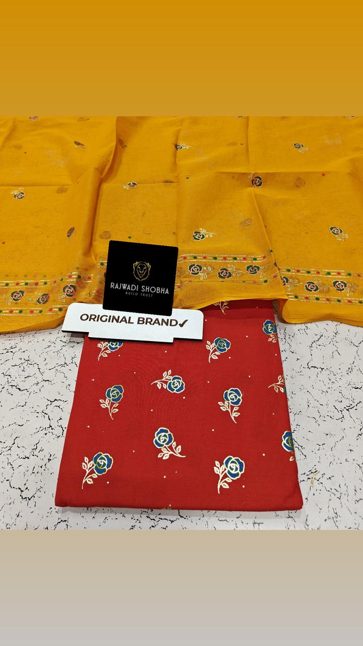 Foil print suit , All over beautiful multi colour print with foil gold work , Soft +High and best quality fabric , Odhna sarbti pot same as full foil print