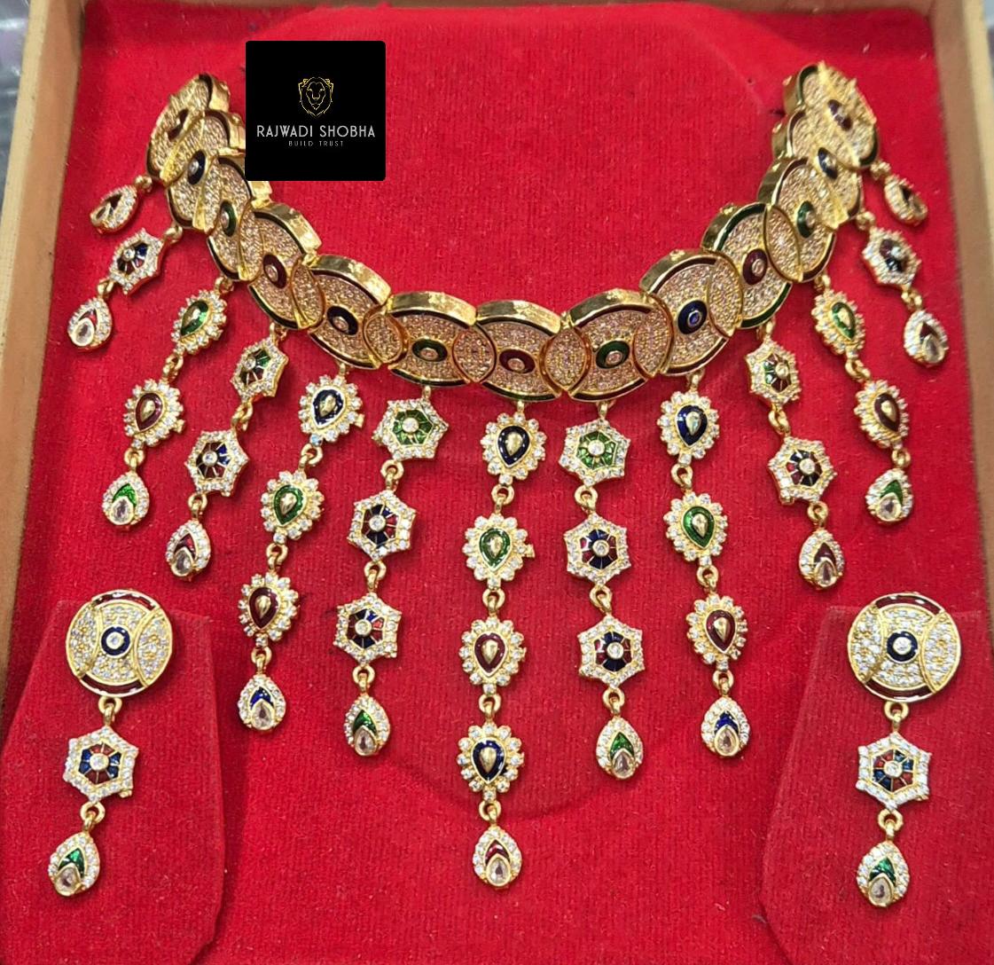Gold necklace and earrings set featuring jadau rani haar polish guarantee
