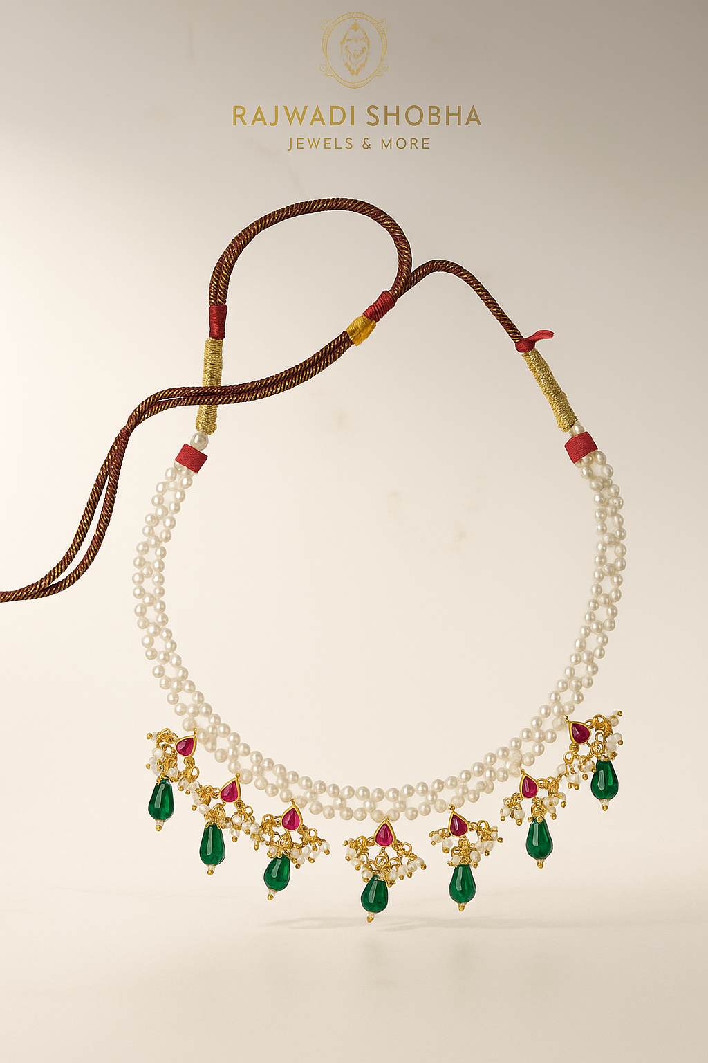 Necklace featuring green and white pearls interspersed with red beads, designed as artificial jewelry