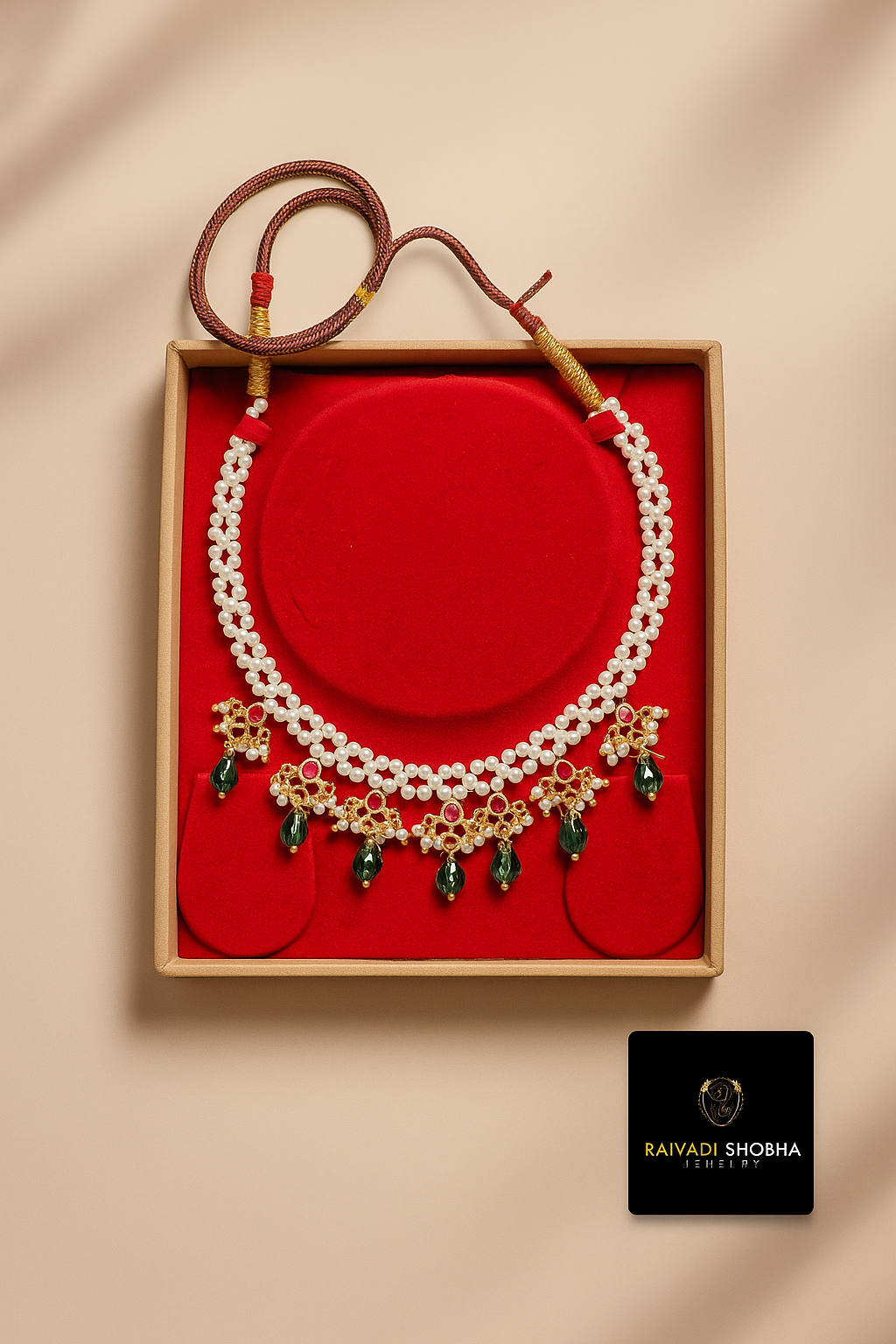 Necklace featuring green and white pearls interspersed with red beads, designed as artificial jewelry