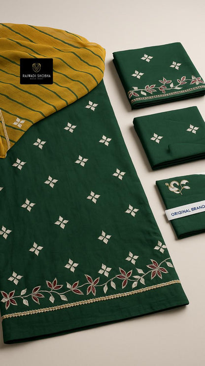 Chanderi cotton fabric,Gotta Patti with velvet Patti touch and Odhna in Sarbti Pot style with Lehriya pattern