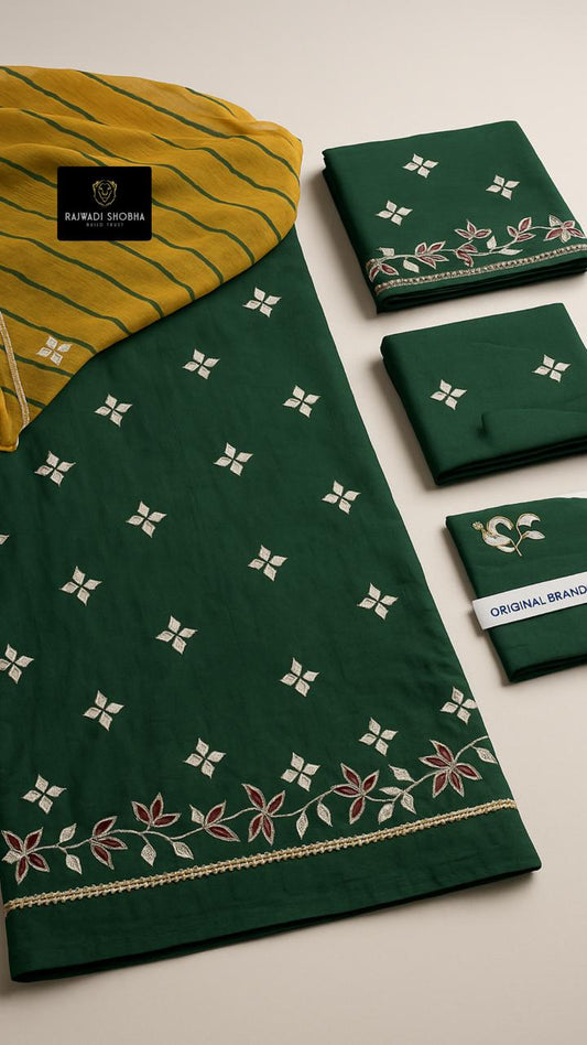 Chanderi cotton fabric,Gotta Patti with velvet Patti touch and Odhna in Sarbti Pot style with Lehriya pattern