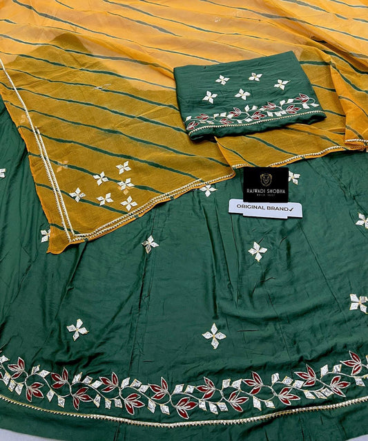 Chanderi cotton fabric,Gotta Patti with velvet Patti touch and Odhna in Sarbti Pot style with Lehriya pattern