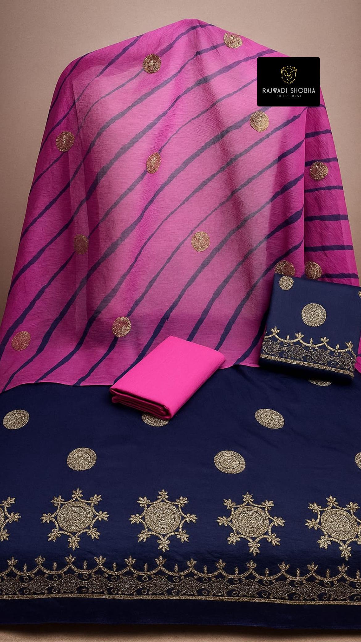 Chanderi cotton, Lehnga beautiful taari zari mini border with big same as bunti work,Same as kurti work ,Odhna sarbti pot+ big taari bunti jaal work+ beautiful lehriya pattern