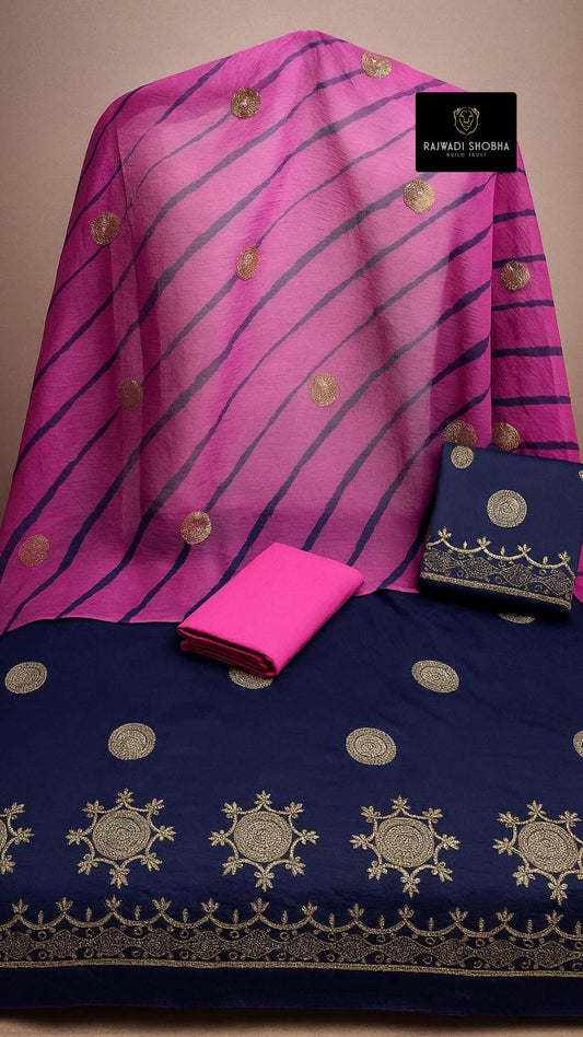 Chanderi cotton, Lehnga beautiful taari zari mini border with big same as bunti work,Same as kurti work ,Odhna sarbti pot+ big taari bunti jaal work+ beautiful lehriya pattern