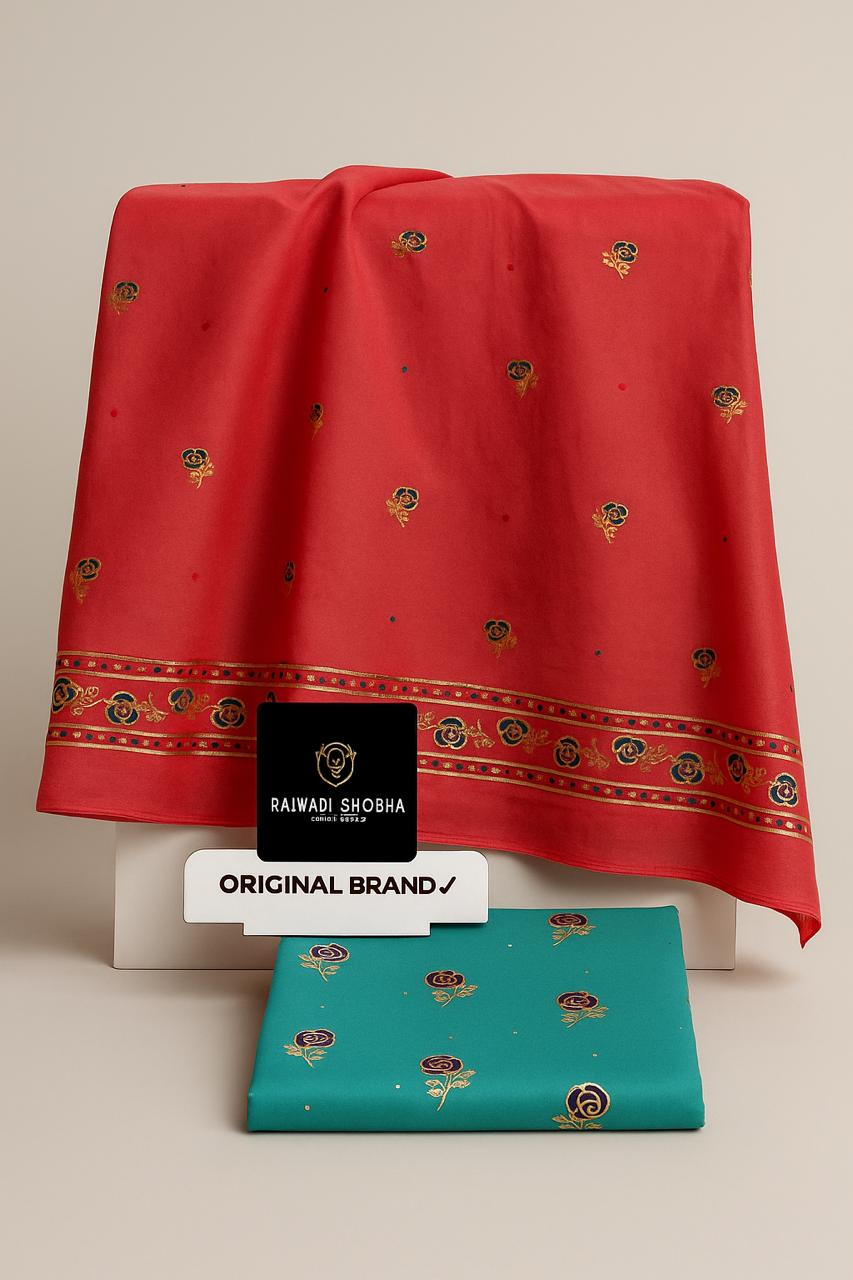 Foil print suit ,  All over beautiful multi colour print with foil gold work , Soft +High and best quality fabric ,  Odhna sarbti pot same as full foil print