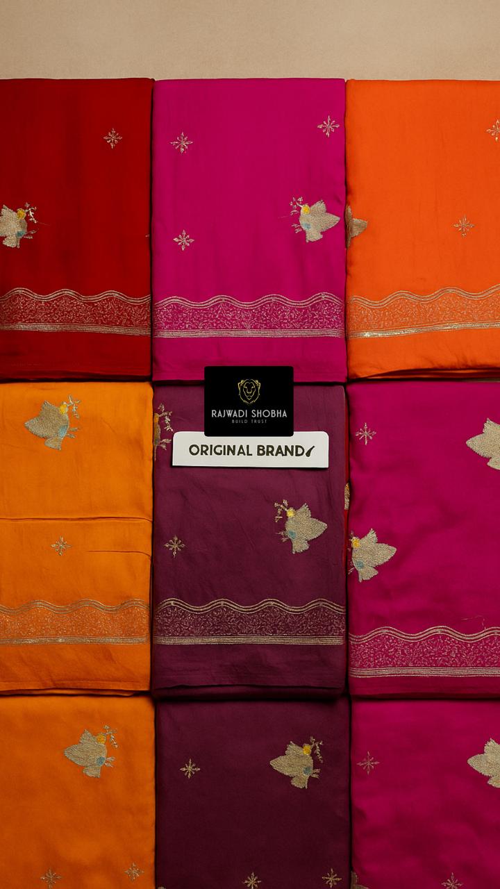 Chanderi cotton fabric with beautiful mini taari zari border work with upper... Birds 🕊️bunti work 🌟   Odhna sarbti pot two shade same matching with bunti jaal work