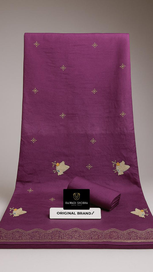 Chanderi cotton fabric with beautiful mini taari zari border work with upper... Birds 🕊️bunti work 🌟   Odhna sarbti pot two shade same matching with bunti jaal work