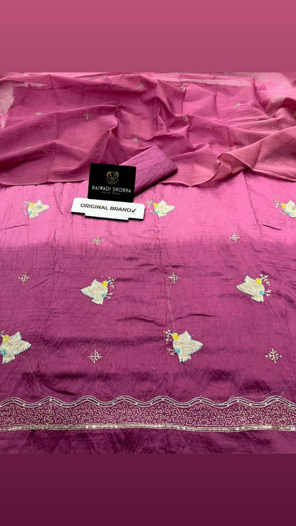 Chanderi cotton fabric with beautiful mini taari zari border work with upper... Birds 🕊️bunti work 🌟   Odhna sarbti pot two shade same matching with bunti jaal work