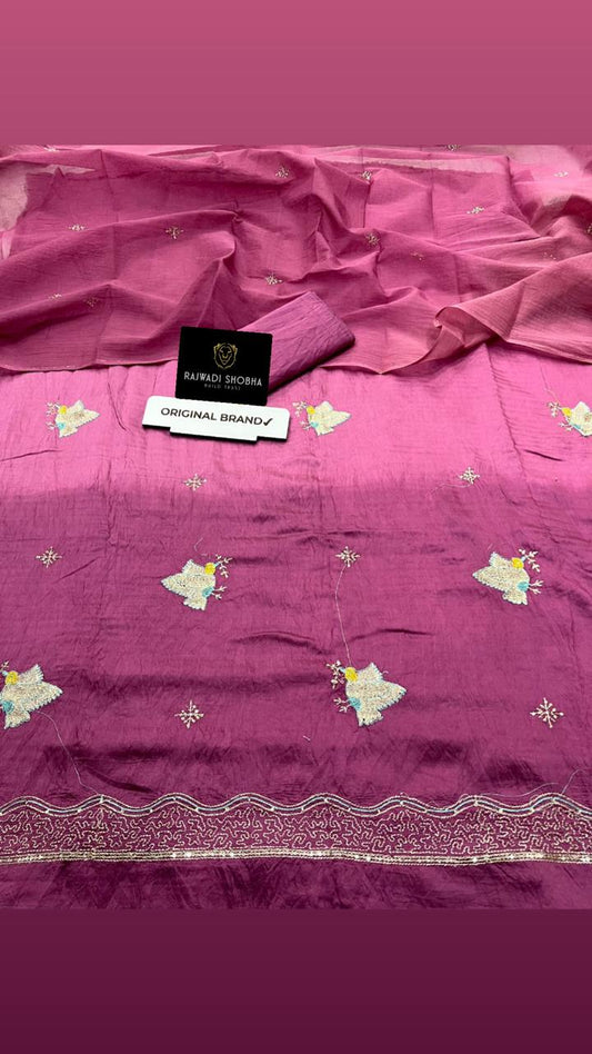 Chanderi cotton fabric with beautiful mini taari zari border work with upper... Birds 🕊️bunti work 🌟   Odhna sarbti pot two shade same matching with bunti jaal work