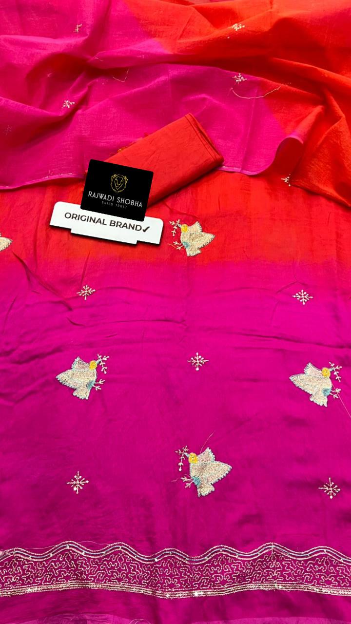 Chanderi cotton fabric with beautiful mini taari zari border work with upper... Birds 🕊️bunti work 🌟   Odhna sarbti pot two shade same matching with bunti jaal work