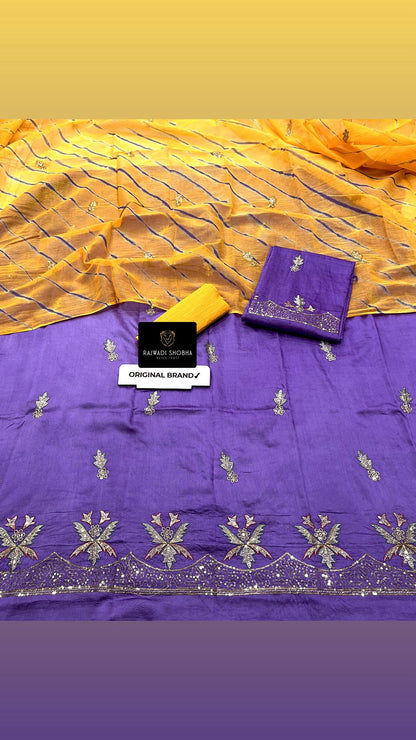 Beautiful new Lehriya work suit ✨   ★ Fabric high quality chanderi cotton, lehnga beautiful taari zari mini border with  bunti work 🌟  Same as kurti work ~  ★ Odhna sarbti pot+ taari bunti jaal work+ beautiful 😍 lehriya pattern,best quality best finishing
