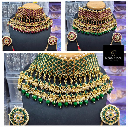 A green and gold jadau rani haar necklace with matching earrings