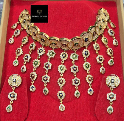 Gold necklace and earrings set featuring jadau rani haar polish guarantee
