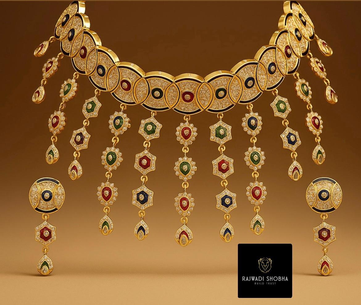Gold necklace and earrings set featuring jadau rani haar polish guarantee