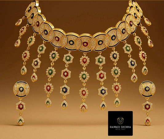 Gold necklace and earrings set featuring jadau rani haar polish guarantee